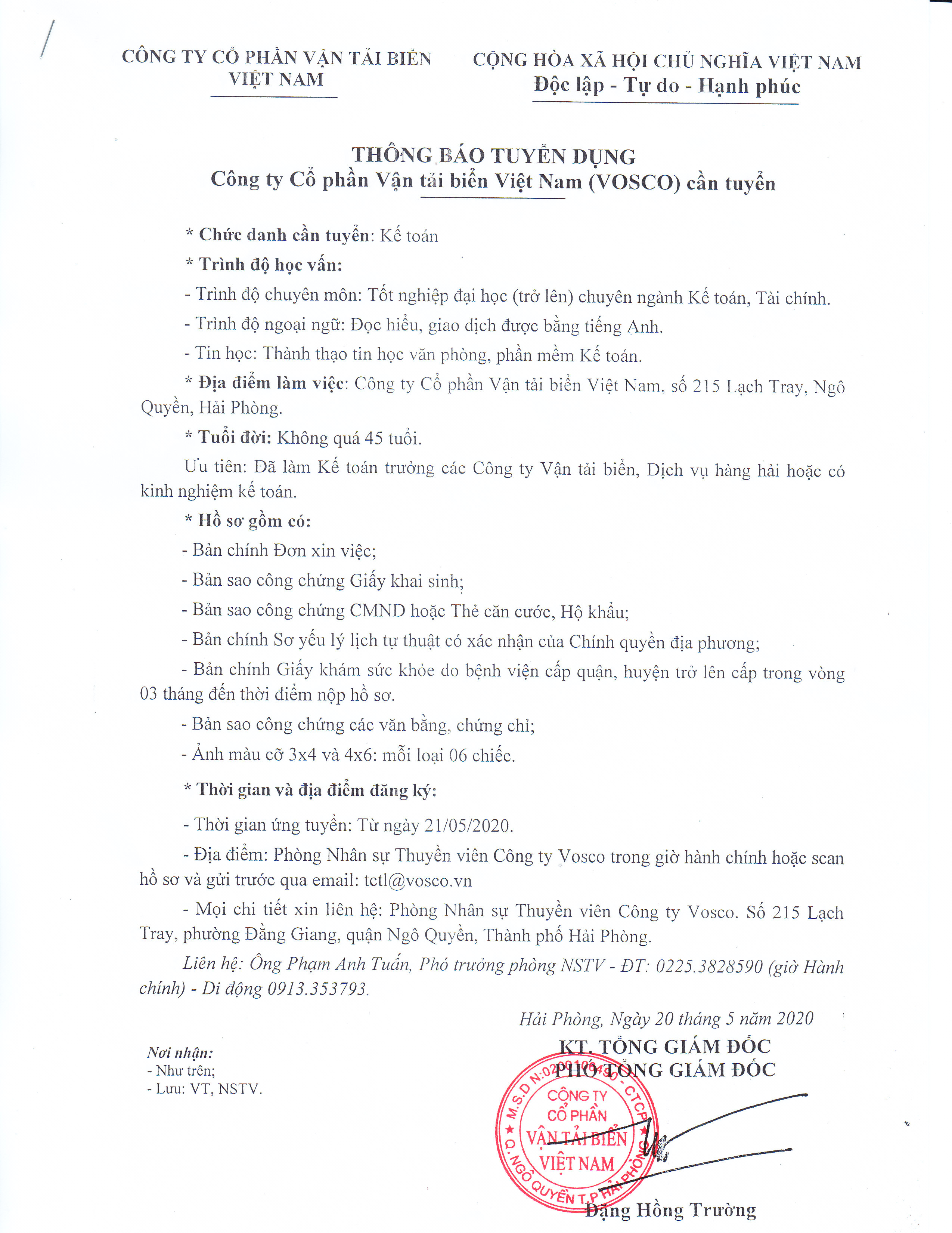 Thông báo tuyển dụng : Kế toán